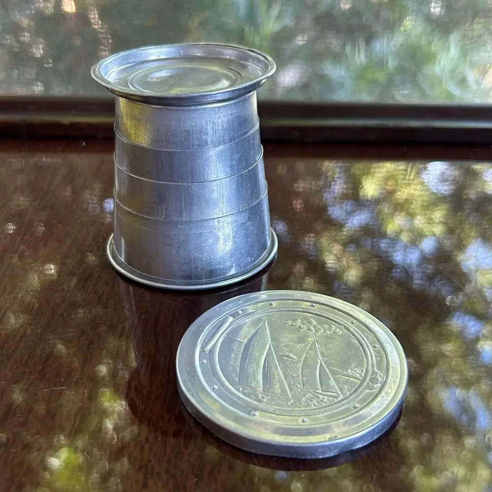 Vintage Aluminum Collapsible Travel Cup – Sailboat Lid – 3” Tall